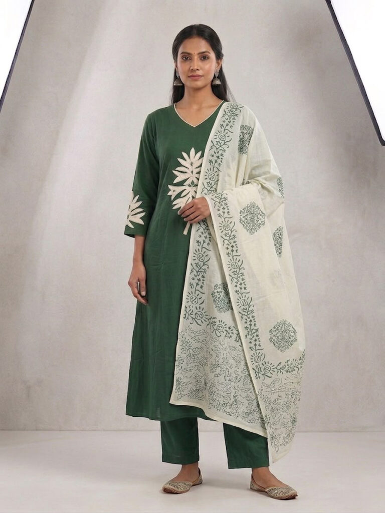 Cotton Aplique Work Kurta Set with Handblock Dupatta (Forest Green)