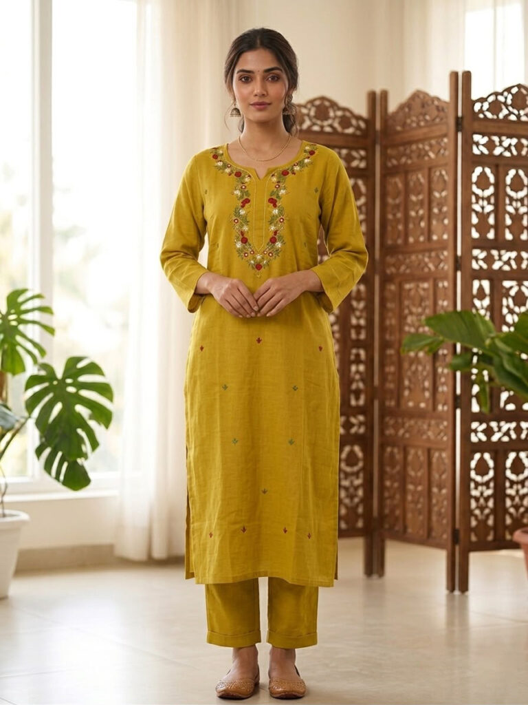 Kora Khadi Bullion Knot Work Kurta Set (Mustard Yellow)