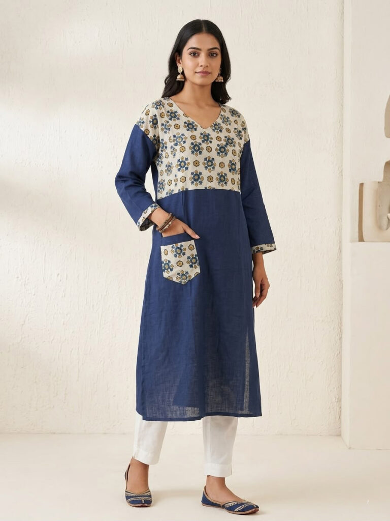 Vegetable Dye Ajrakh Patch Kurta (Blue)