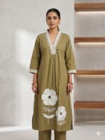 Cotton Mirror Work Kurta Set (Khaki)