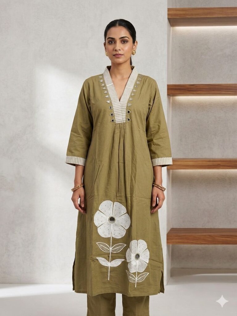 Cotton Mirror Work Kurta Set (Khaki)