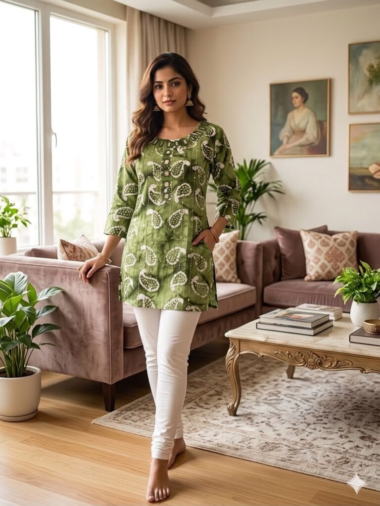 Bagru Mirror Work Short Kurti (Green)