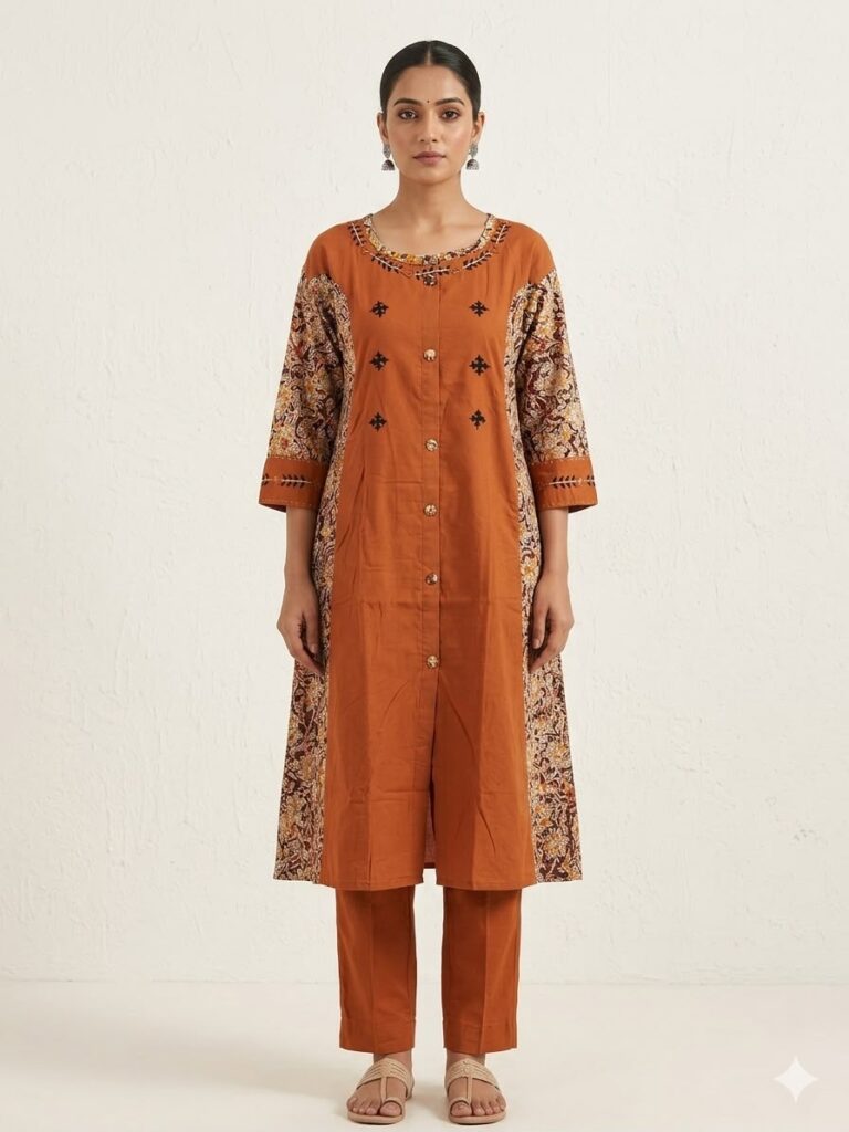 Cotton Kalamkari & Handwork Kurta Set (Rust)