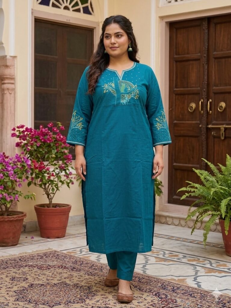 Cotton Embroidery Work Kurta Set (Teal)