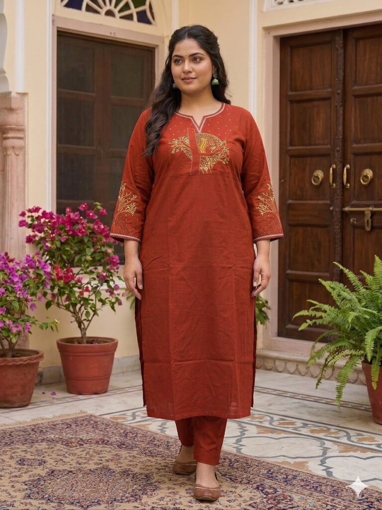 Cotton Embroidery Work Kurta Set (Rust)