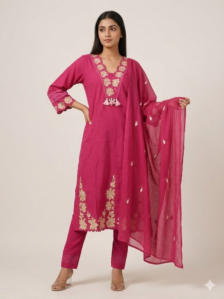 Cotton Embroidery Work Kurta Set with Dupatta (Fuchsia pink)