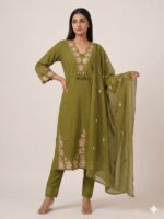 Cotton Embroidery Work Kurta Set with Dupatta (Sage Green)