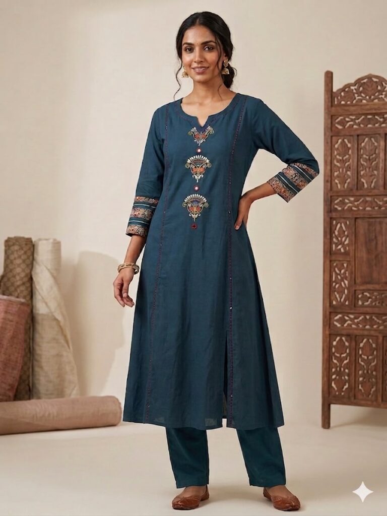 Cotton Embroidery Work Kurta Set (Teal)