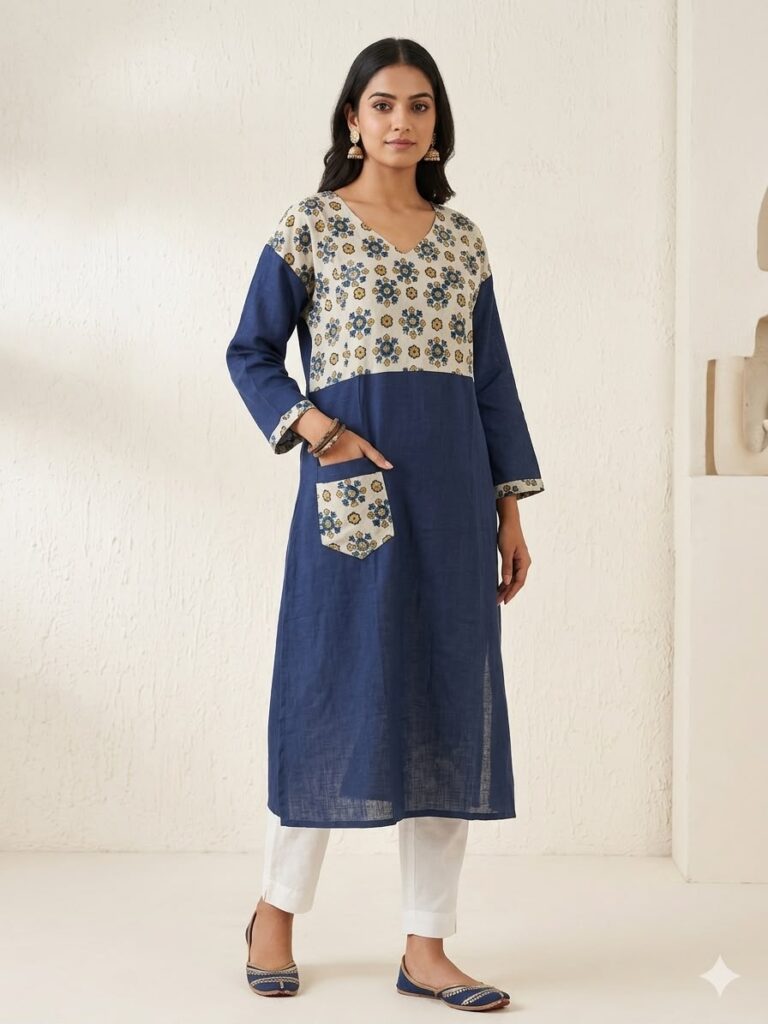 Vegetable Dye Ajrakh Patch Kurta (Blue)