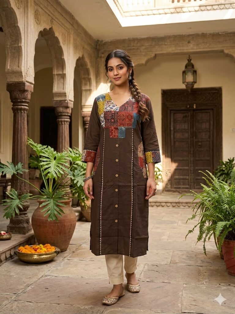 Ajrakh Patch Work Kurta (Brown)