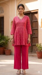 Ajrakh Handwork flared Short Kurti (Pink)