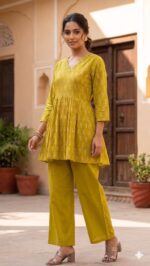 Ajrakh Handwork flared Short Kurti (Green)