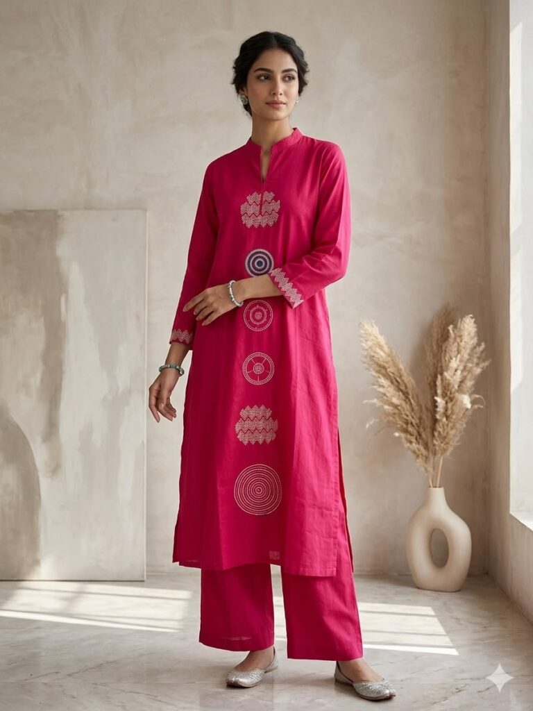 Cotton Embroidery Work Kurta Set (Fuchsia pink)