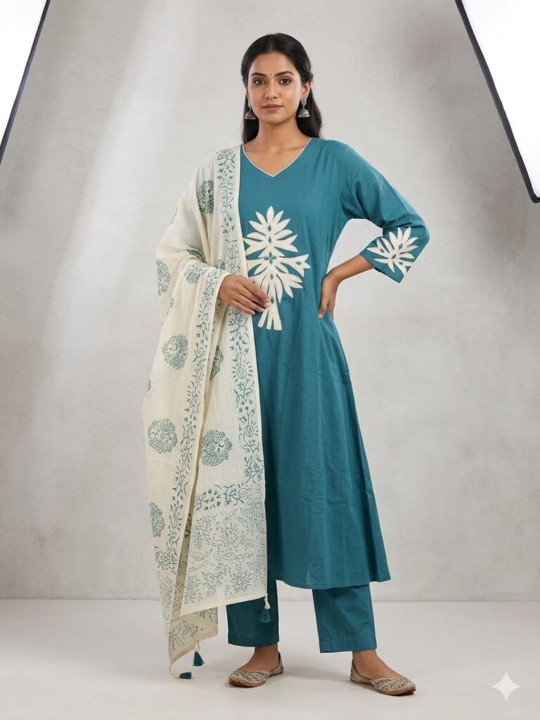 Cotton Aplique Work Kurta Set with Handblock Dupatta (Aqua Blue)