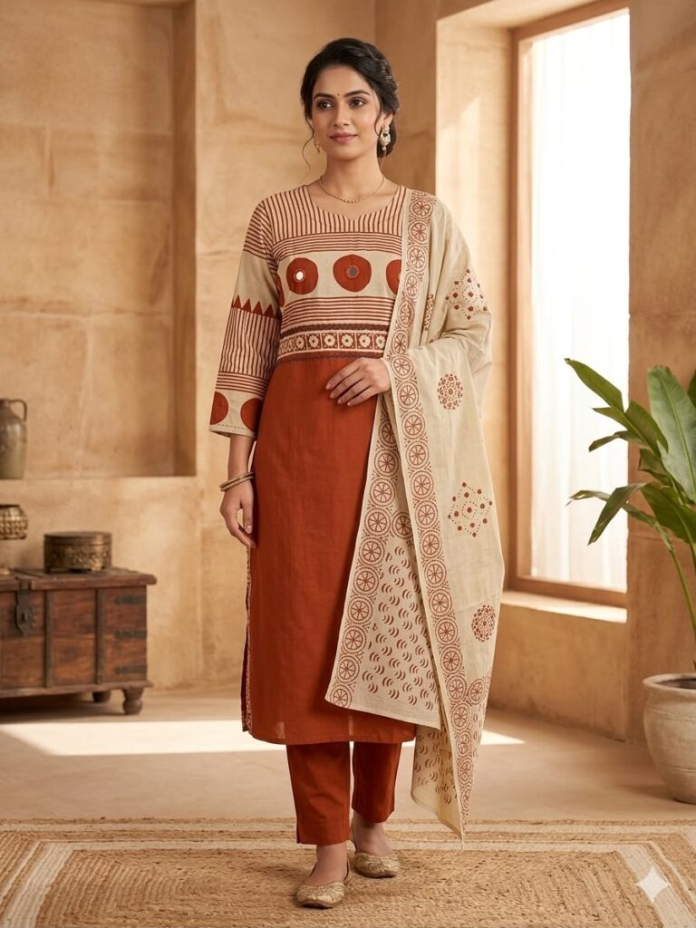 Cotton Work Handblock Kurta Set with Dupatta (Rust)