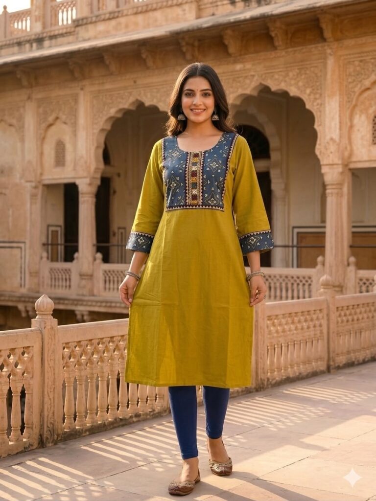 Ajrakh Patch work kurti with mirror work (Mustard Yellow)