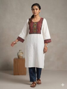 Ajrakh patch work kurti with mirror work (White)