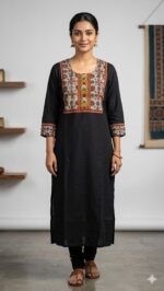 Ajrakh patch work kurti with mirror work (Black)