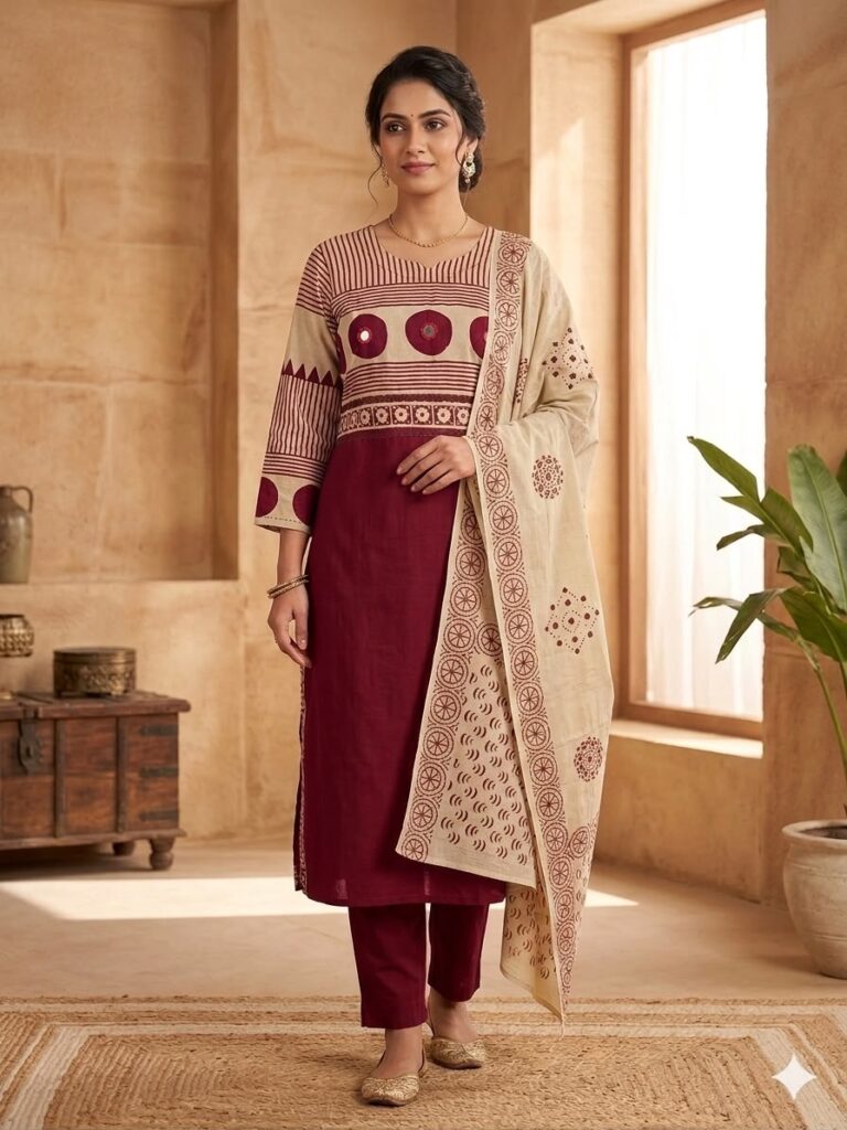Cotton Work Handblock Kurta Set with Dupatta (Maroon)