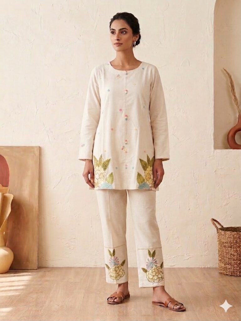 Khadi Embroidery Co-ord Set (Off-White)