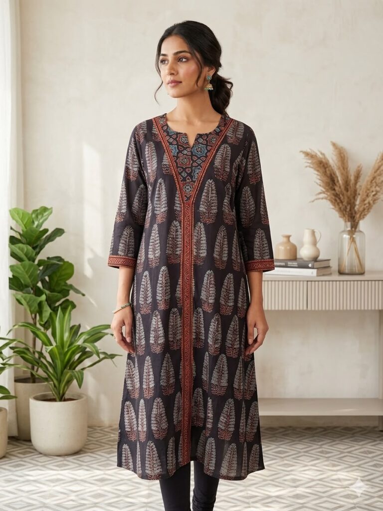 Vegetable Dye Ajrakh Kurta (Black)