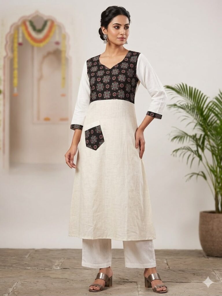 Vegetable Dye Ajrakh Kurta (White)