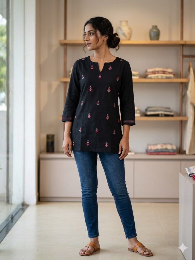 Katha Stitch Work Short Cotton Kurti (Black)