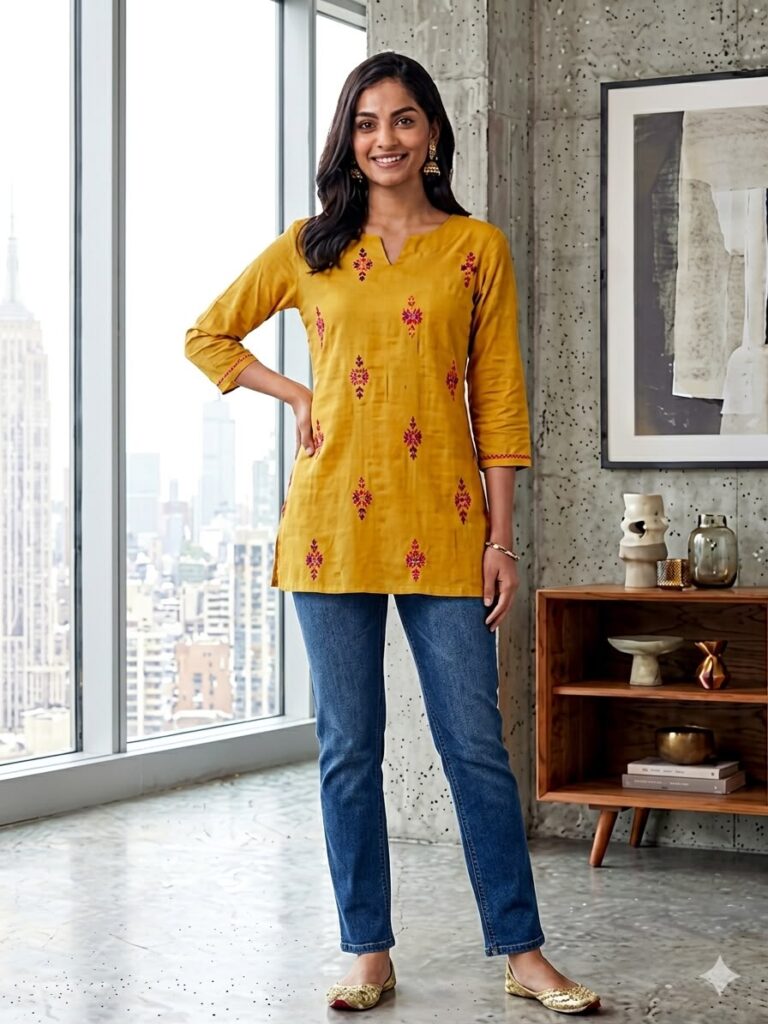 Katha Stitch Work Short Cotton Kurti (Mustard Yellow)