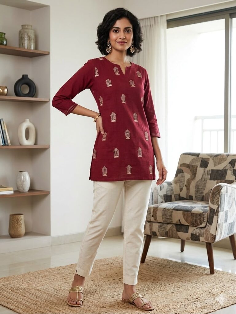 Katha Stitch Work Short Cotton Kurti (Maroon)