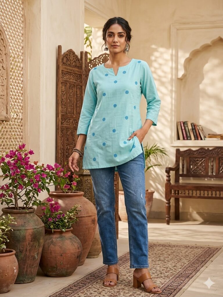 Katha Stitch Work Short Cotton Kurti (Sky Blue)