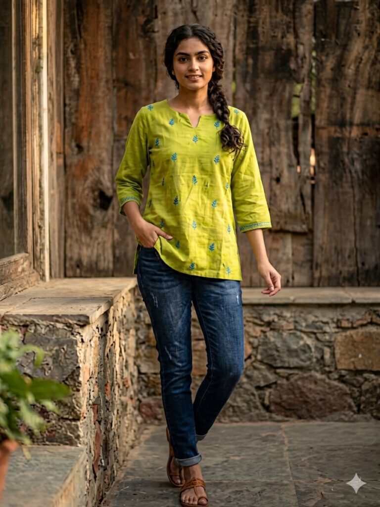 Katha Stitch Work Short Cotton Kurti (Green)