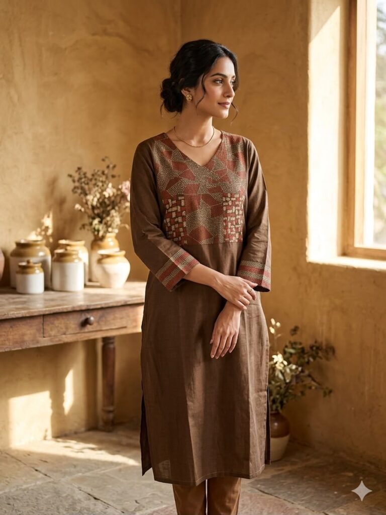 Katha Stitch Work Long Silk Kurti (Brown)