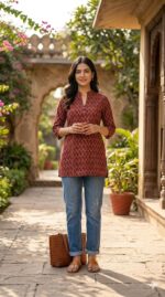 Ajrakh Short Kurta (Maroon)