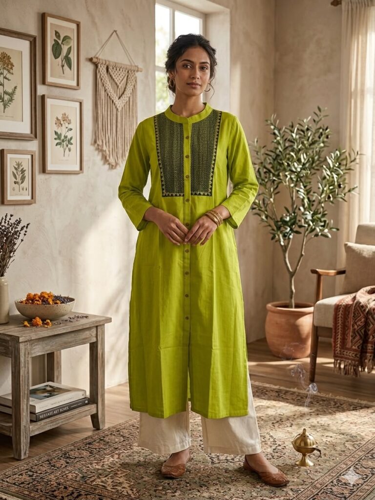 Katha Stitch Work Long Cotton Kurti (Parrot Green)