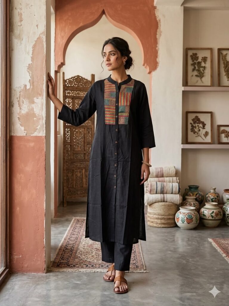 Katha Stitch Work Long Silk Kurti (Black)
