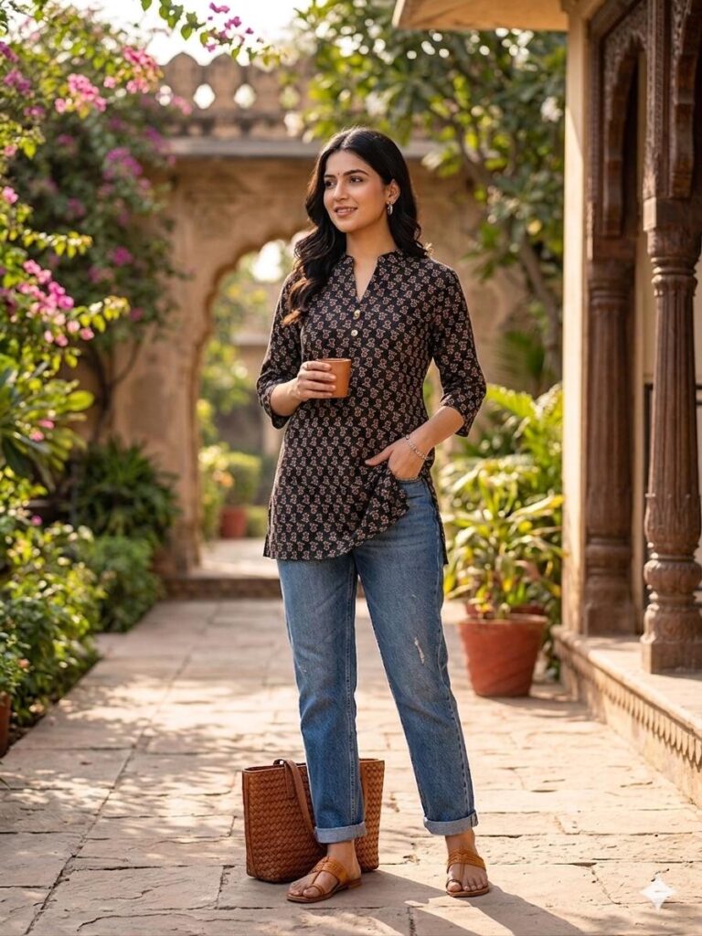 Ajrakh Short Kurta (Black)