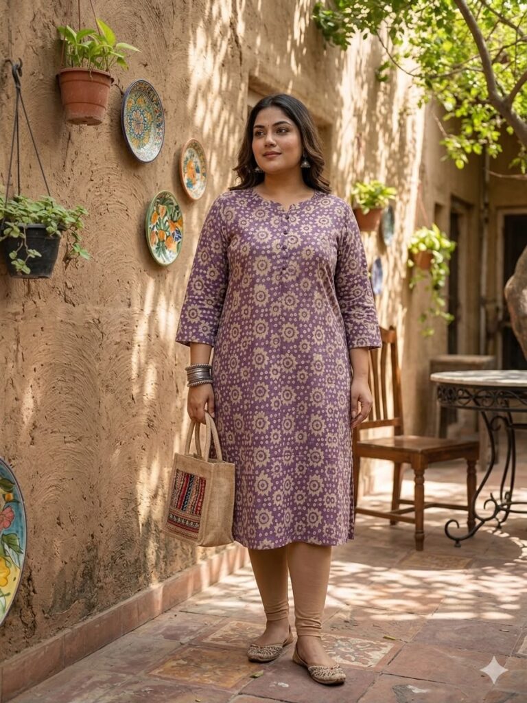 Block Print Katha Stitch Work Kurti (Purple)
