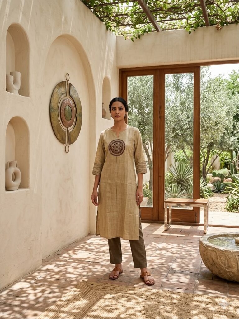 Katha Stitch Work Khadi Silk Kurti (Khaki)