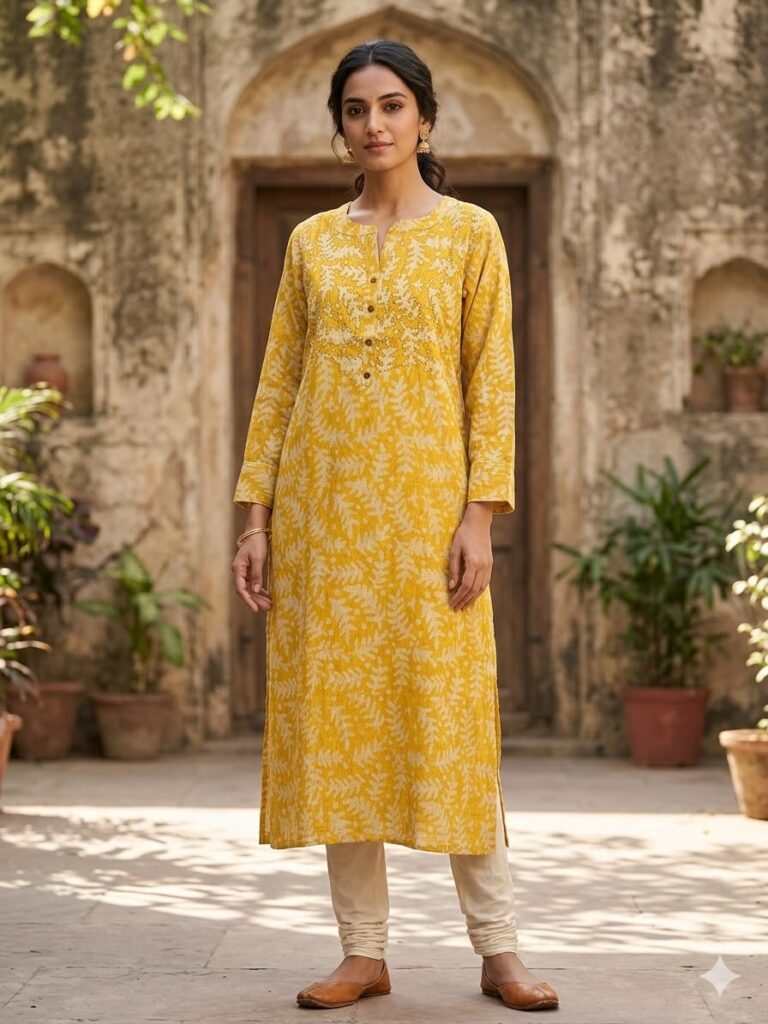 Block Print Katha Stitch Work Kurti (Yellow)