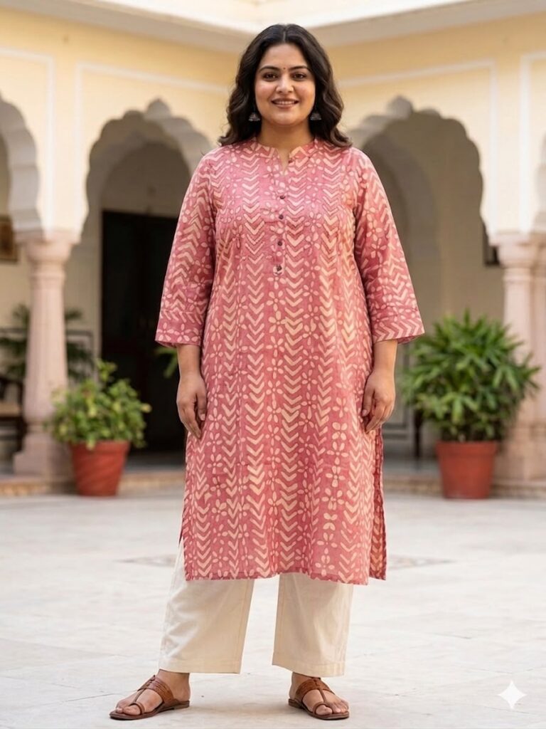 Block Print Katha Stitch Work Kurti (Pink)
