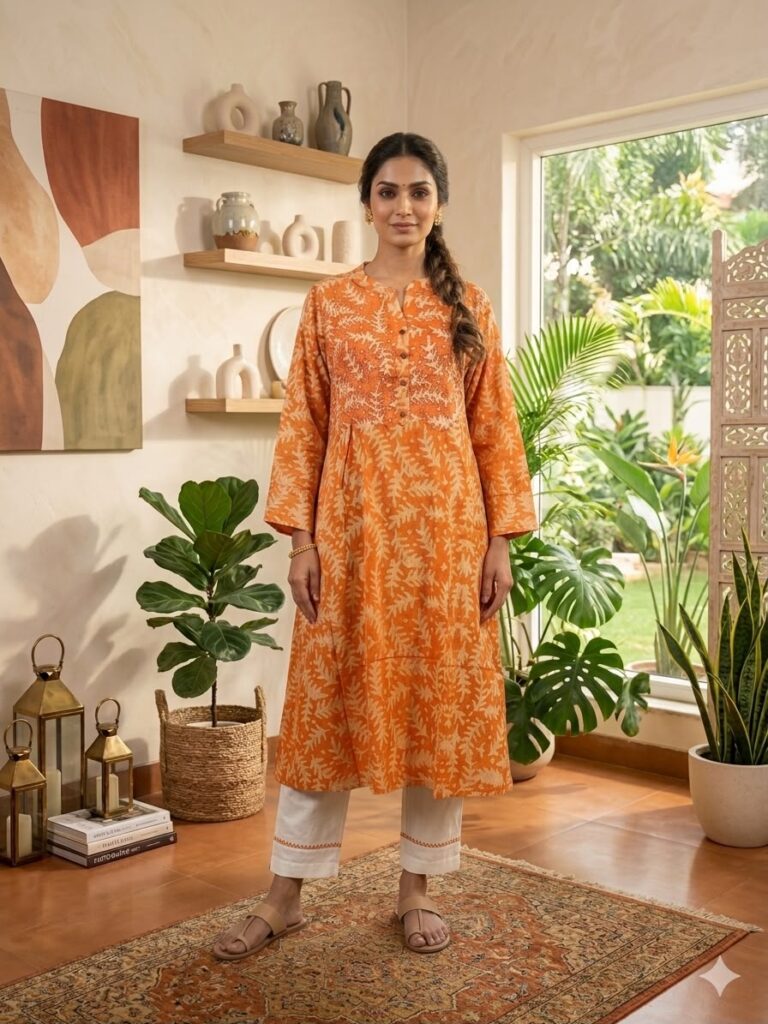 Block Print Katha Stitch Work Kurti (Orange)