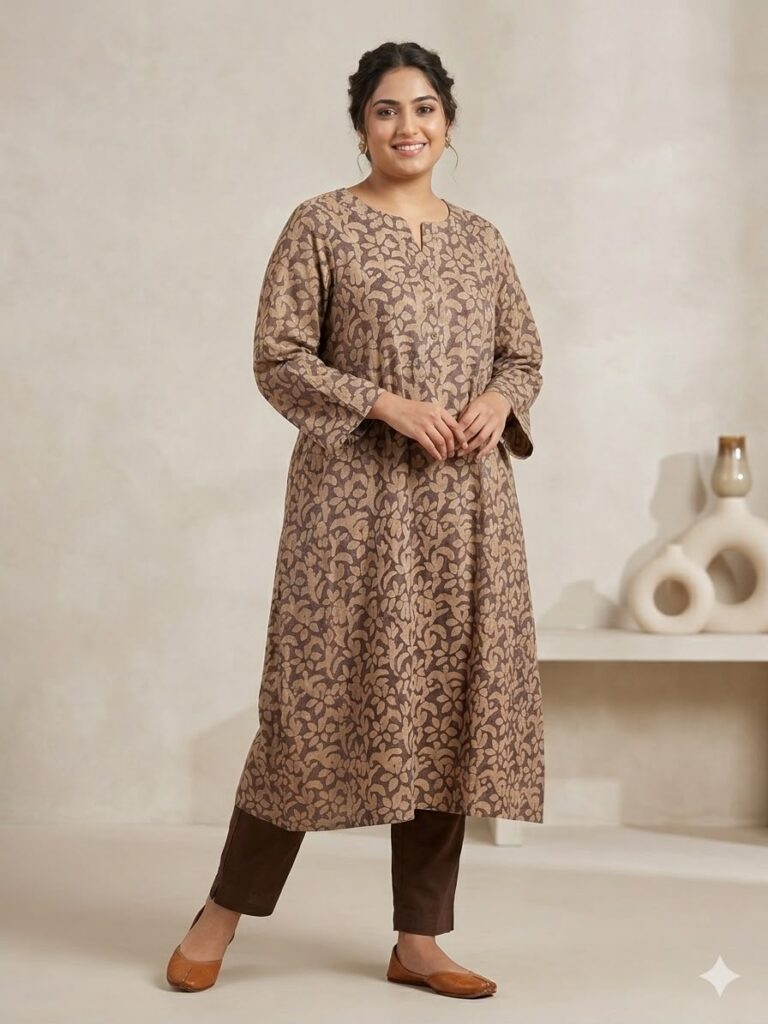 Block Print Katha Stitch Work Kurti (Dark Brown)