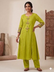Cotton Embroidery Work Kurta Set (Sage Green)