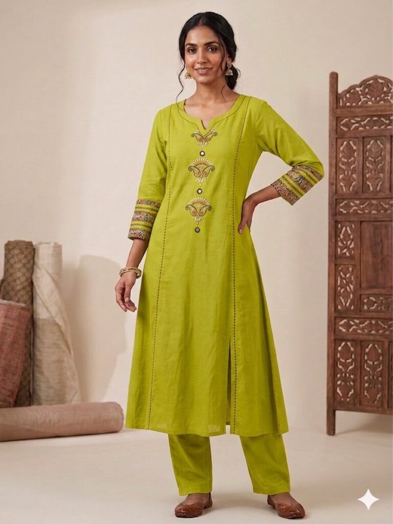 Cotton Embroidery Work Kurta Set (Sage Green)