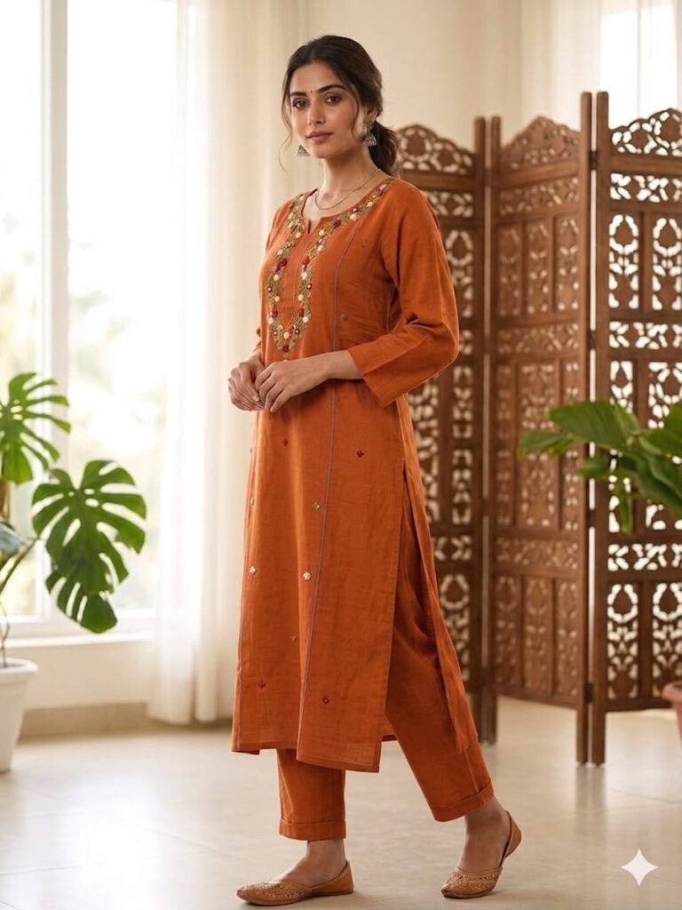Kora Khadi Bullion Knot Work Kurta Set (Rust)