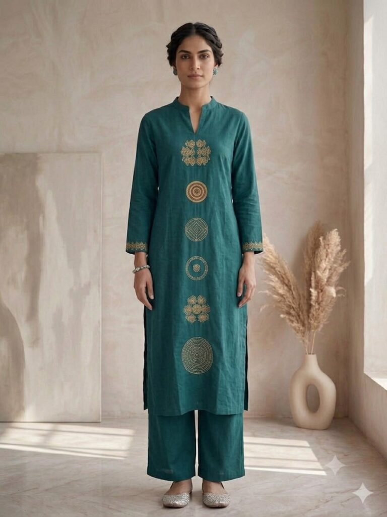 Cotton Embroidery Work Kurta Set (Teal)
