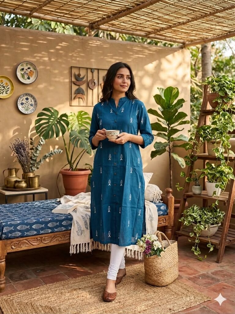 Katha Stitch Work Long Cotton Kurti (Teal Blue)