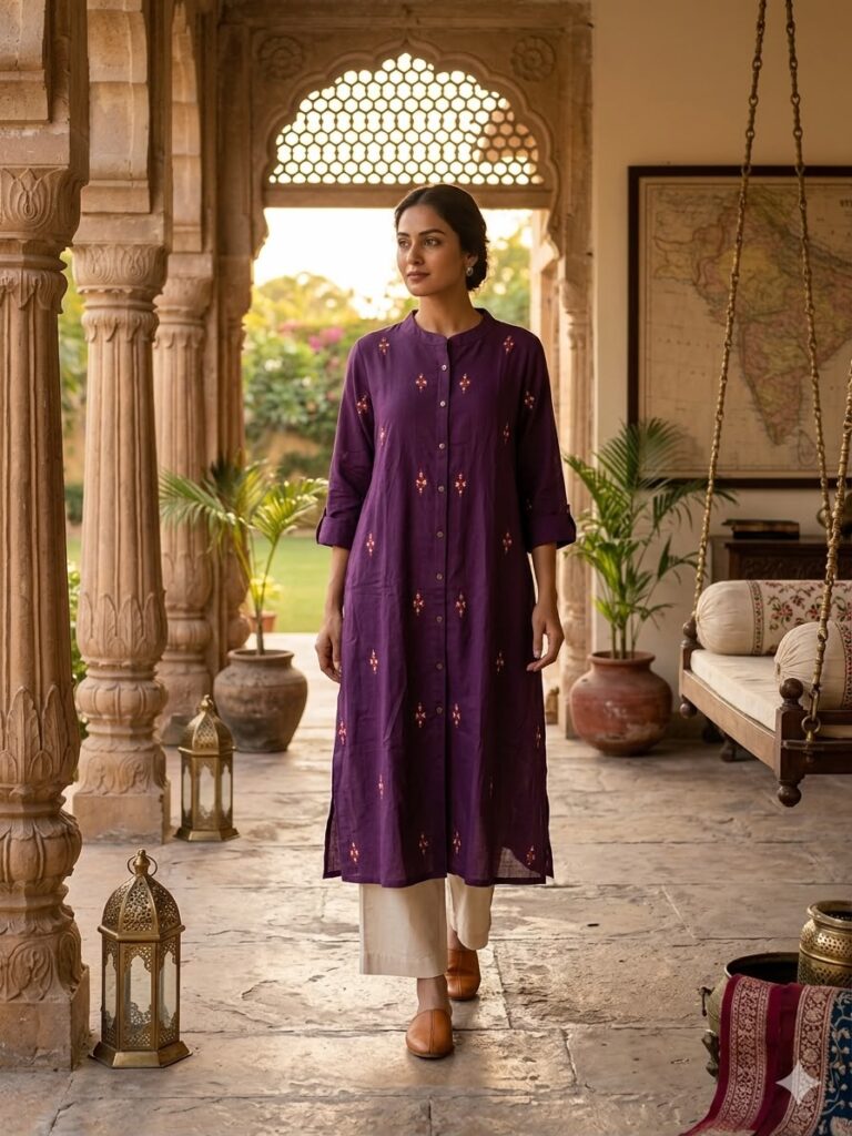 Katha Stitch Work Long Cotton Kurti (Dark Purple)