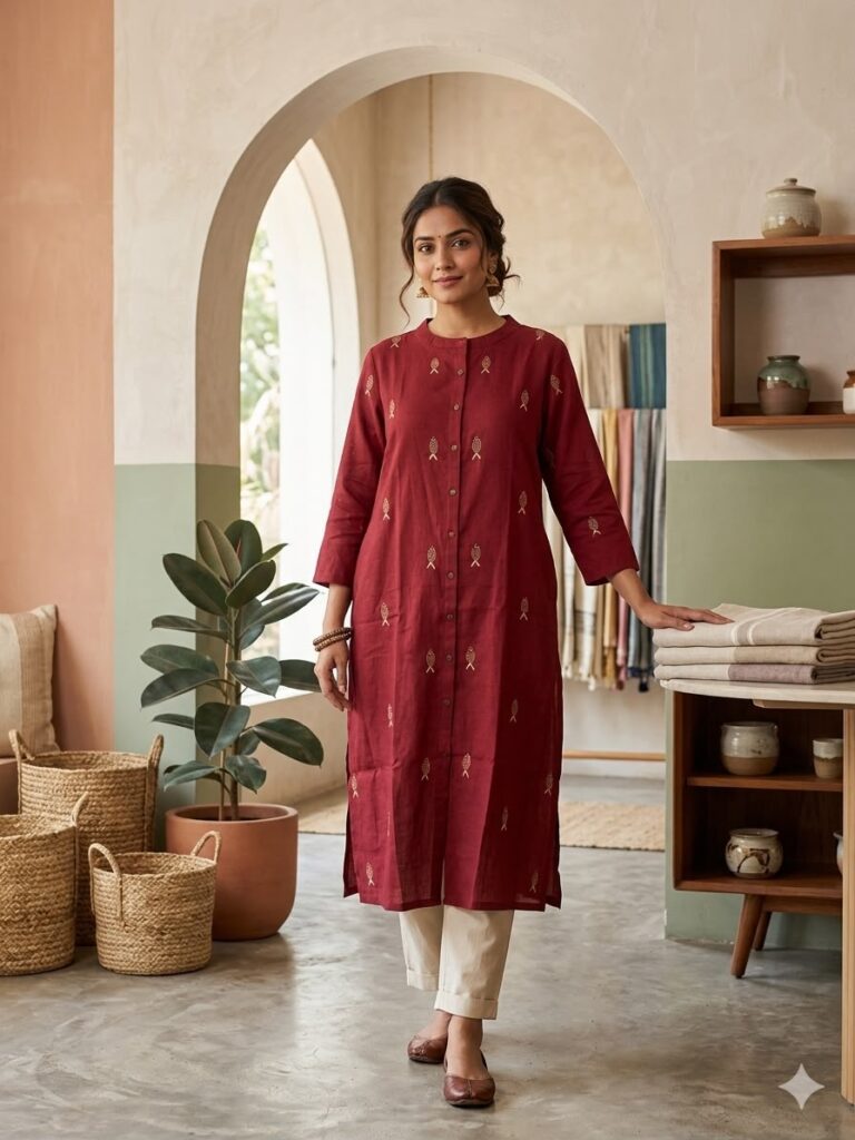 Katha Stitch Work Long Cotton Kurti (Maroon)