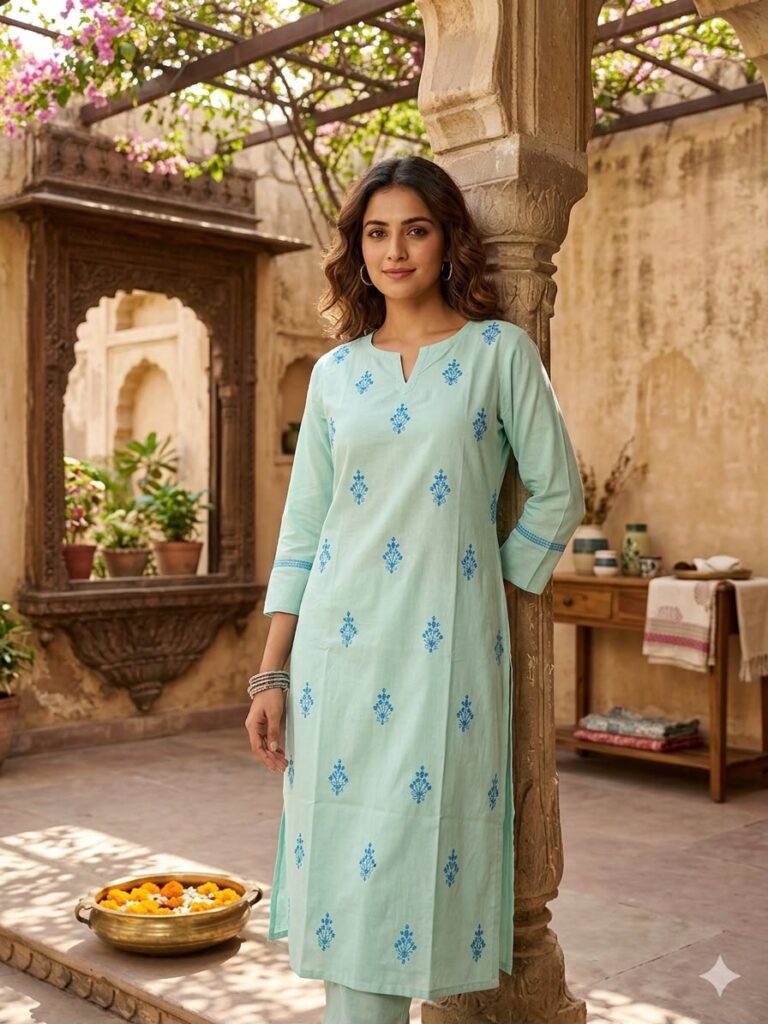 Katha Stitch Work Long Cotton Kurti (Sky Blue)